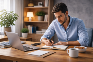 persona trabajando con alta concentración y foco mental en un escritorio de trabajo