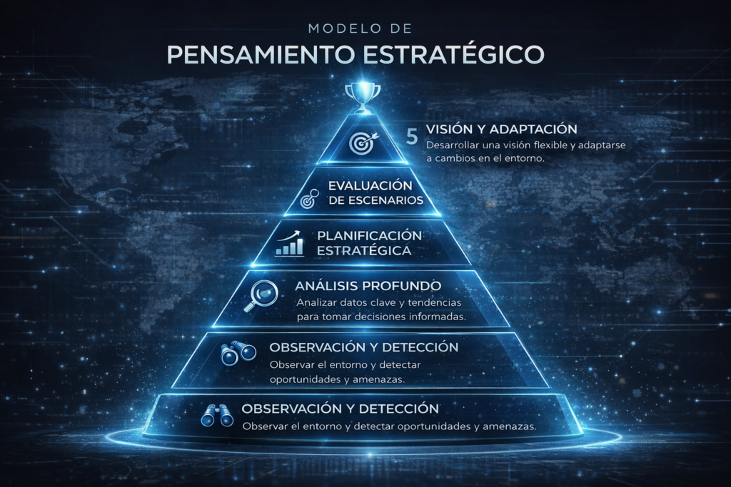 modelo de pensamiento estratégico en forma de pirámide con niveles de análisis planificación y visión a largo plazo
