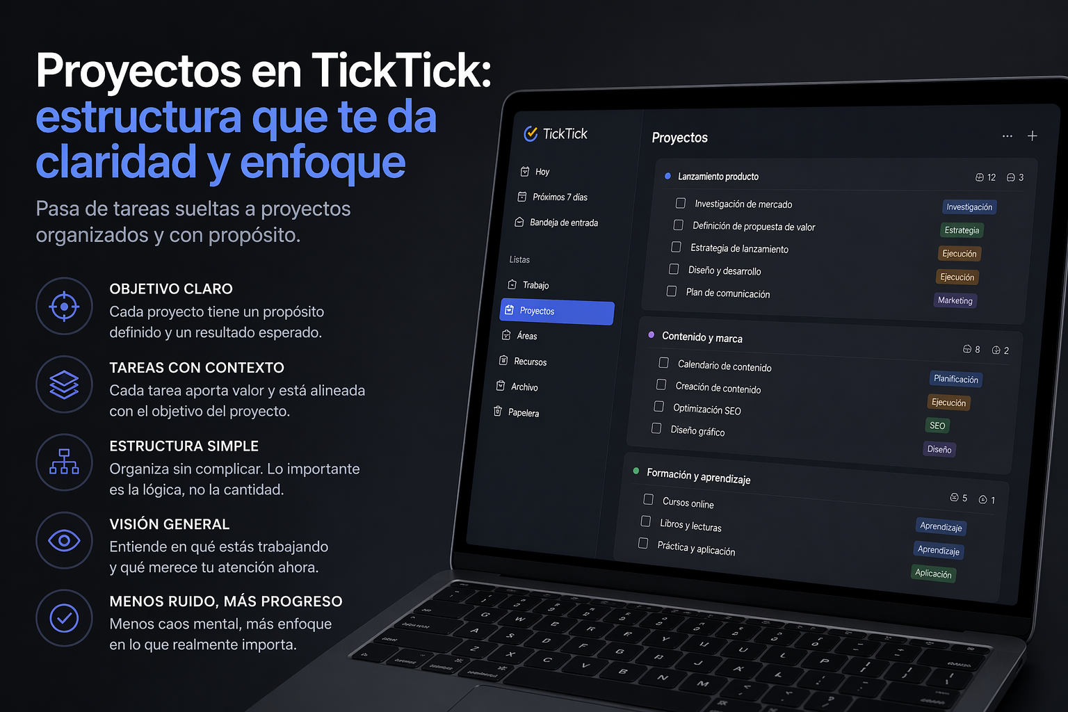 proyectos ticktick estructura sistema productividad organizado