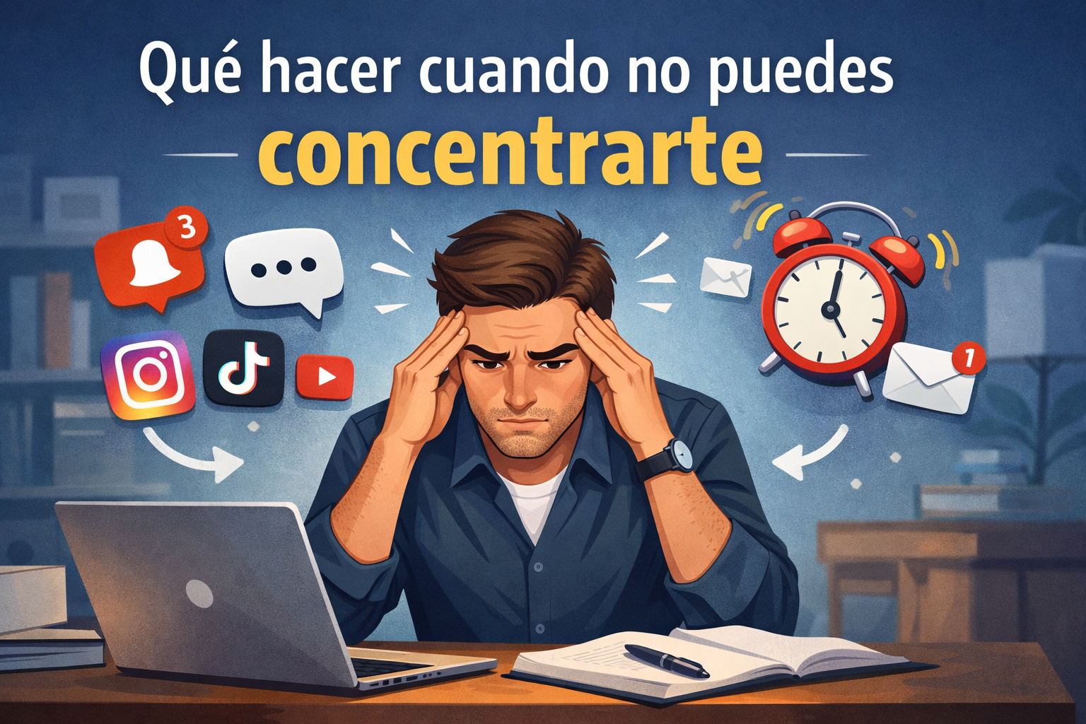 persona distraída frente al ordenador pensando qué hacer cuando no puede concentrarse