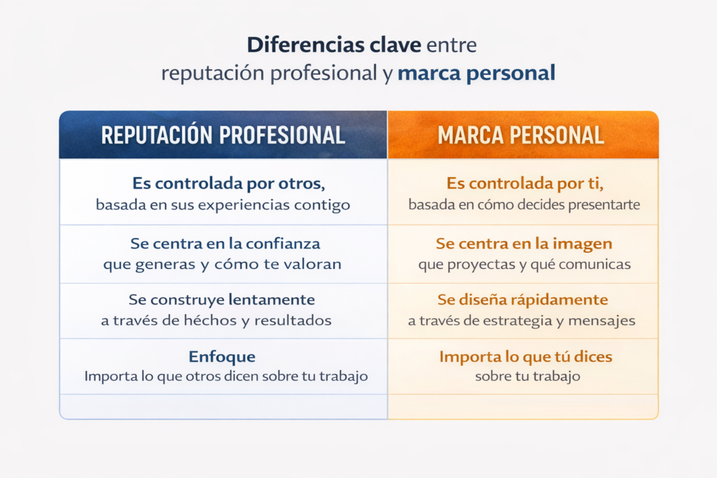 tabla comparativa reputación profesional vs marca personal diferencias clave
