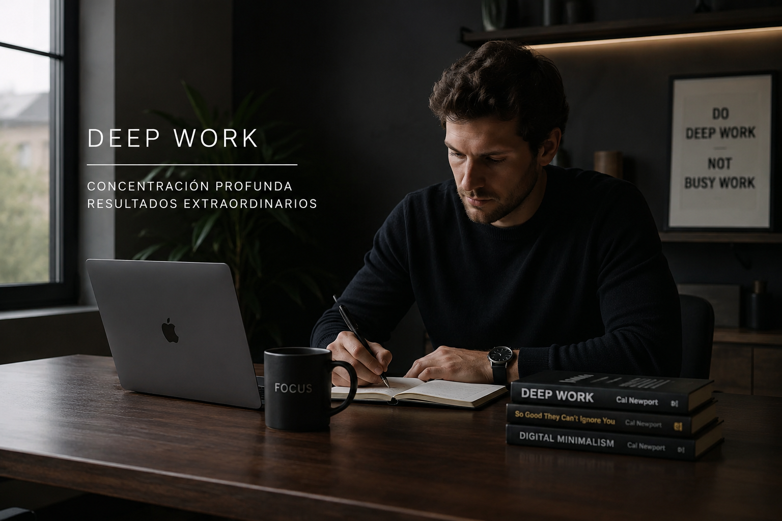 deep work newport trabajando con concentración profunda en oficina minimalista sin distracciones