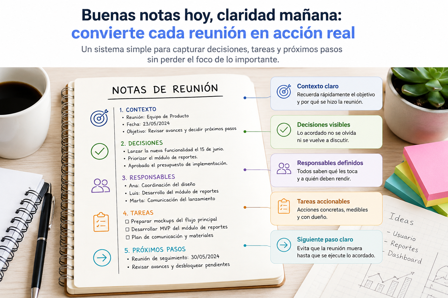 sistema para tomar notas de reuniones y convertir acuerdos en tareas accionables