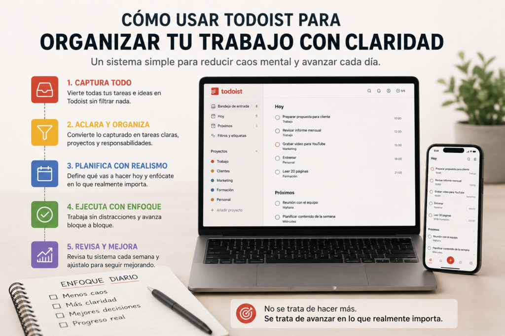 infografía profesional explicando cómo usar Todoist para organizar tareas y trabajo con claridad mental