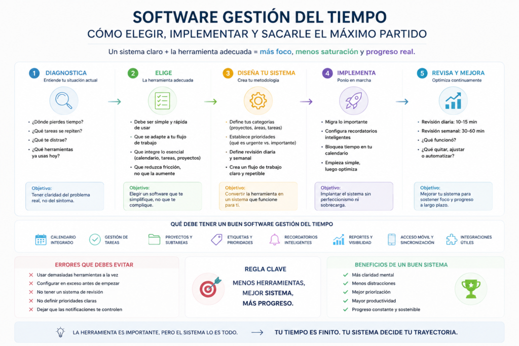 Diagrama de software gestión del tiempo para organizar trabajo, reducir saturación y mejorar productividad