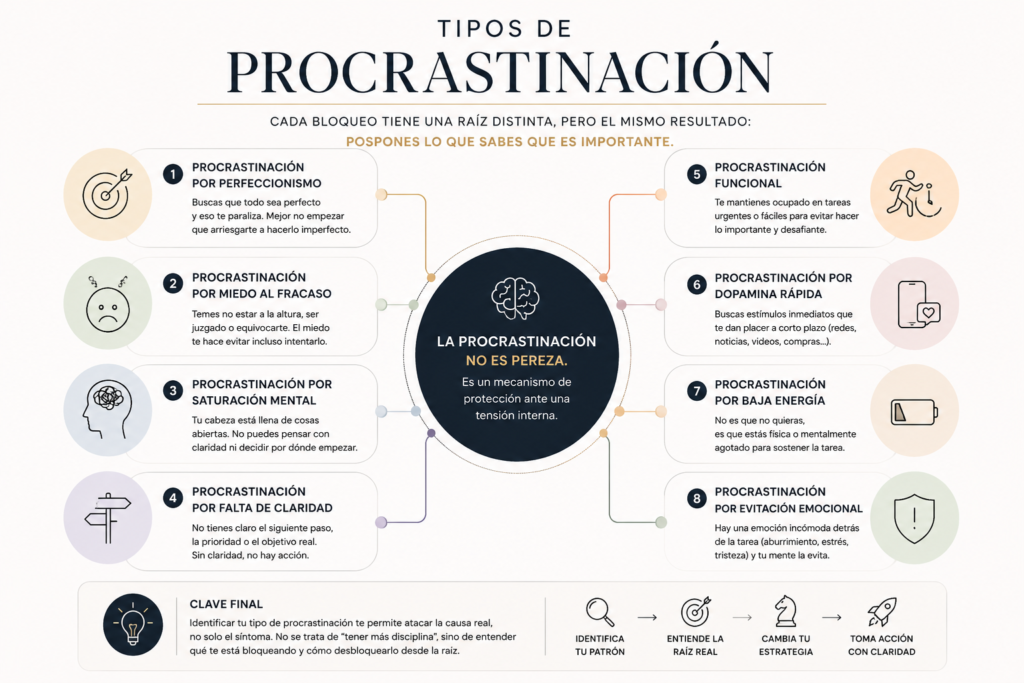 Esquema visual profesional sobre tipos de procrastinación como perfeccionismo, miedo al fracaso, saturación mental y procrastinación funcional