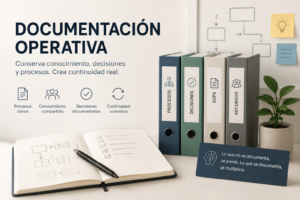 Ilustración profesional sobre documentación operativa, continuidad del trabajo y sistemas para conservar procesos, decisiones y conocimiento dentro de equipos y proyectos.