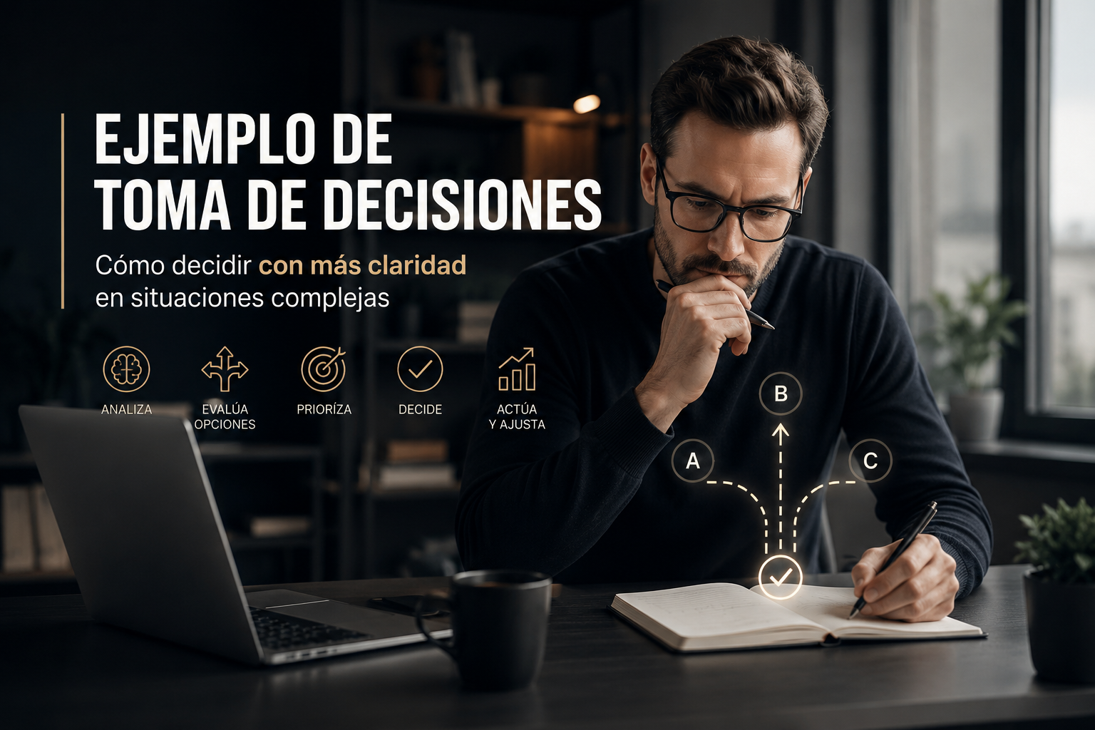 Profesional analizando un ejemplo de toma de decisiones en un entorno de trabajo moderno