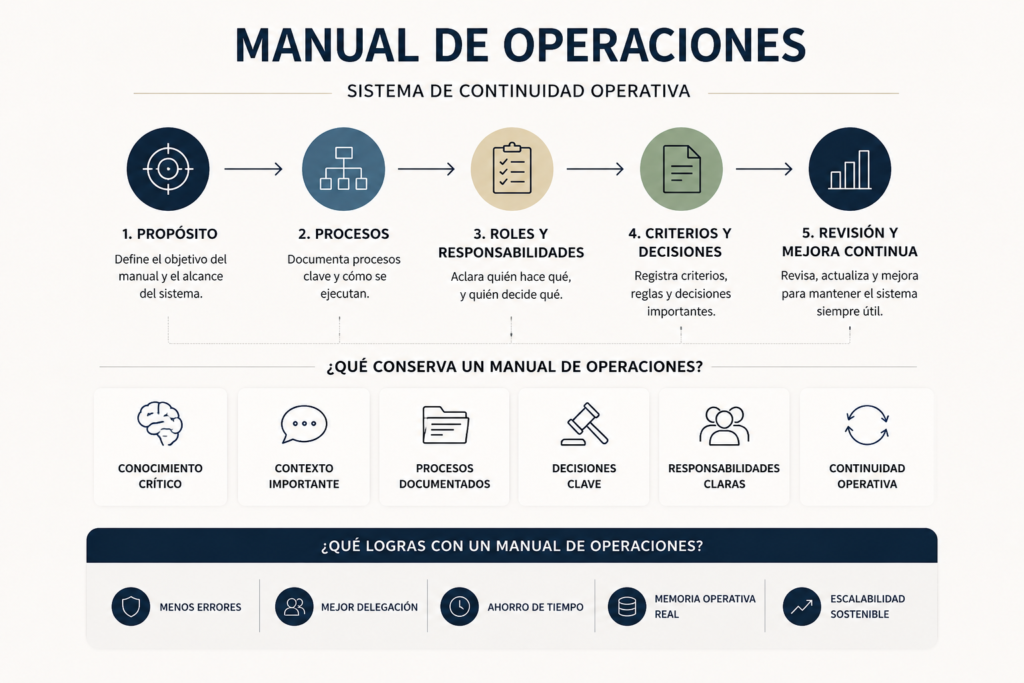 Esquema visual de un manual de operaciones para documentar procesos y mejorar continuidad operativa