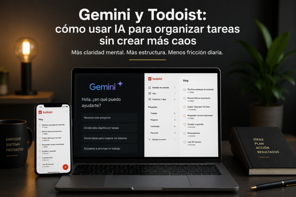 Gemini y Todoist organizando tareas y proyectos desde un escritorio profesional minimalista
