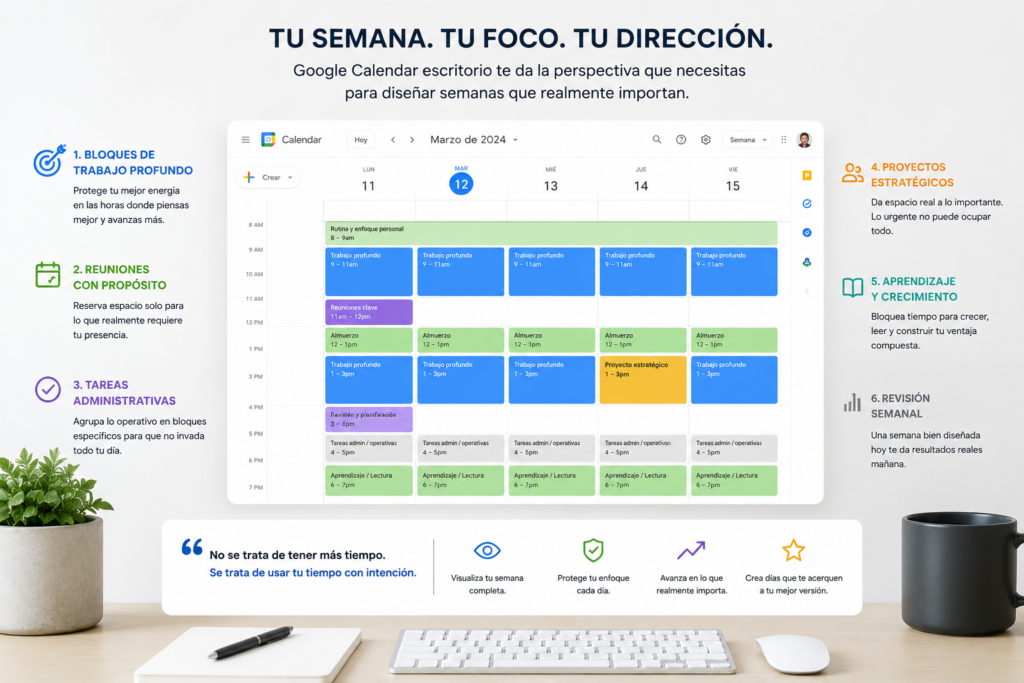 esquema visual de Google Calendar escritorio para organizar semanas, trabajo profundo y prioridades