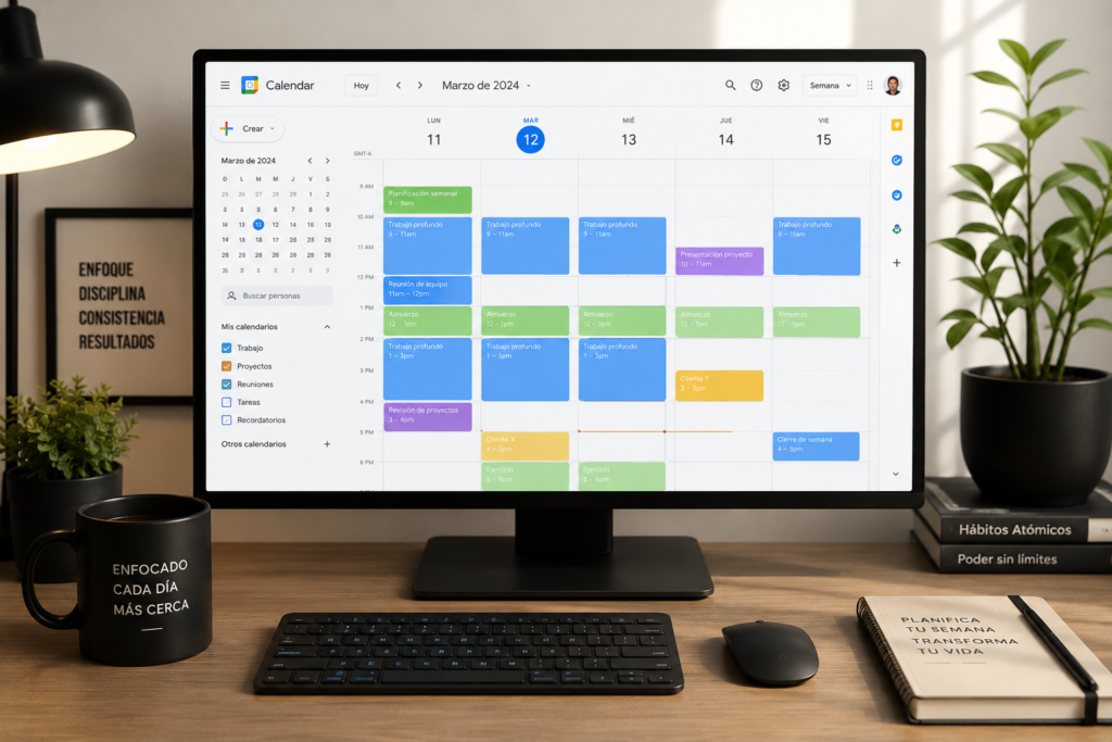 Google Calendar escritorio organizado desde ordenador para planificar semanas y trabajo profundo