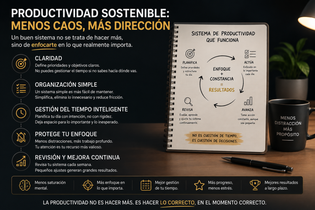 Esquema profesional de productividad con sistema de gestión del tiempo, enfoque y organización personal