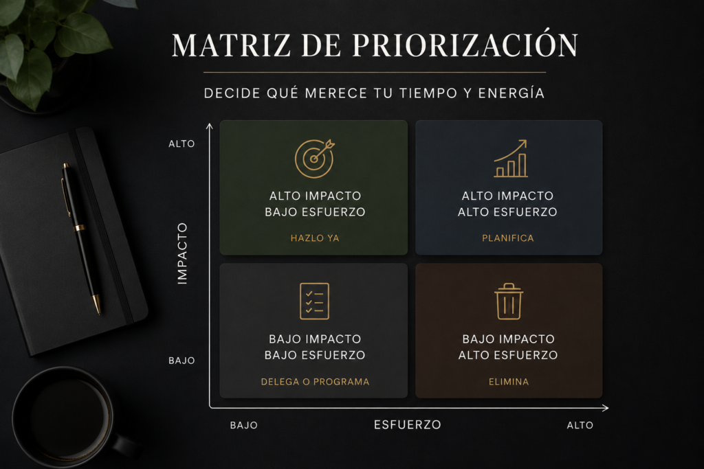 matriz de priorización profesional para decidir tareas según impacto y urgencia