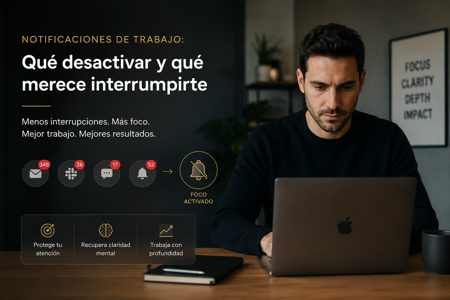 notificaciones de trabajo y foco mental en un entorno sin interrupciones