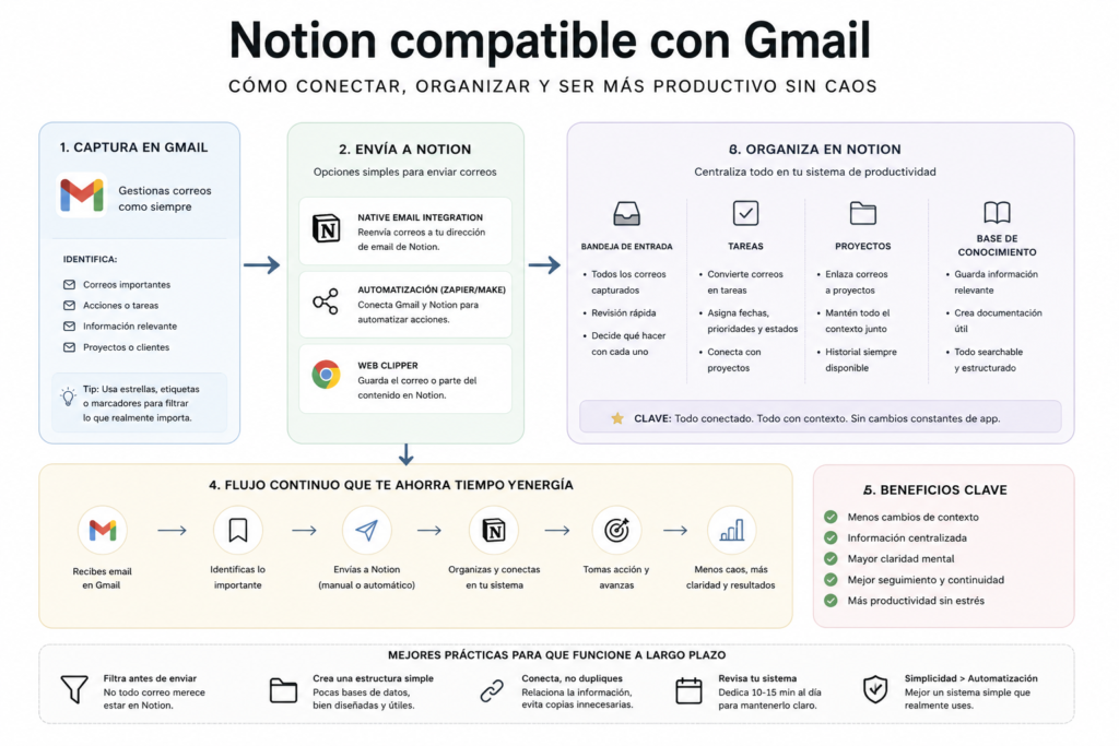 Diagrama de Notion compatible con Gmail para organizar correos, tareas y proyectos con claridad