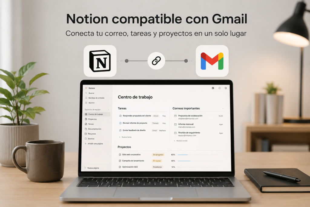 Notion compatible con Gmail organizado en un sistema de productividad moderno y minimalista