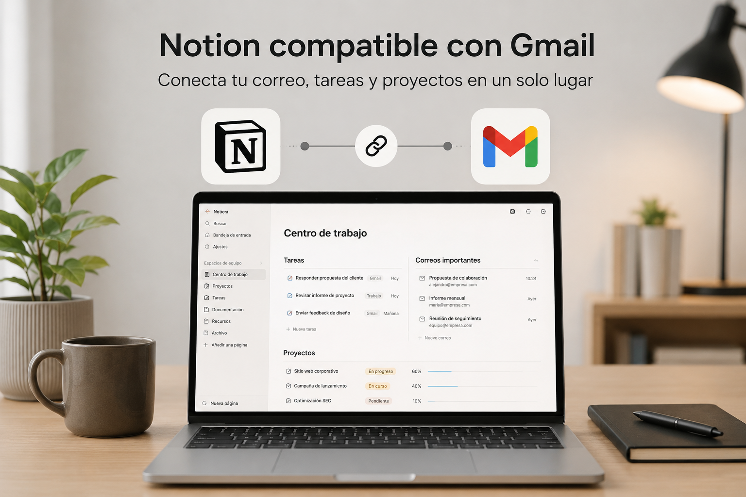 Notion compatible con Gmail organizado en un sistema de productividad moderno y minimalista