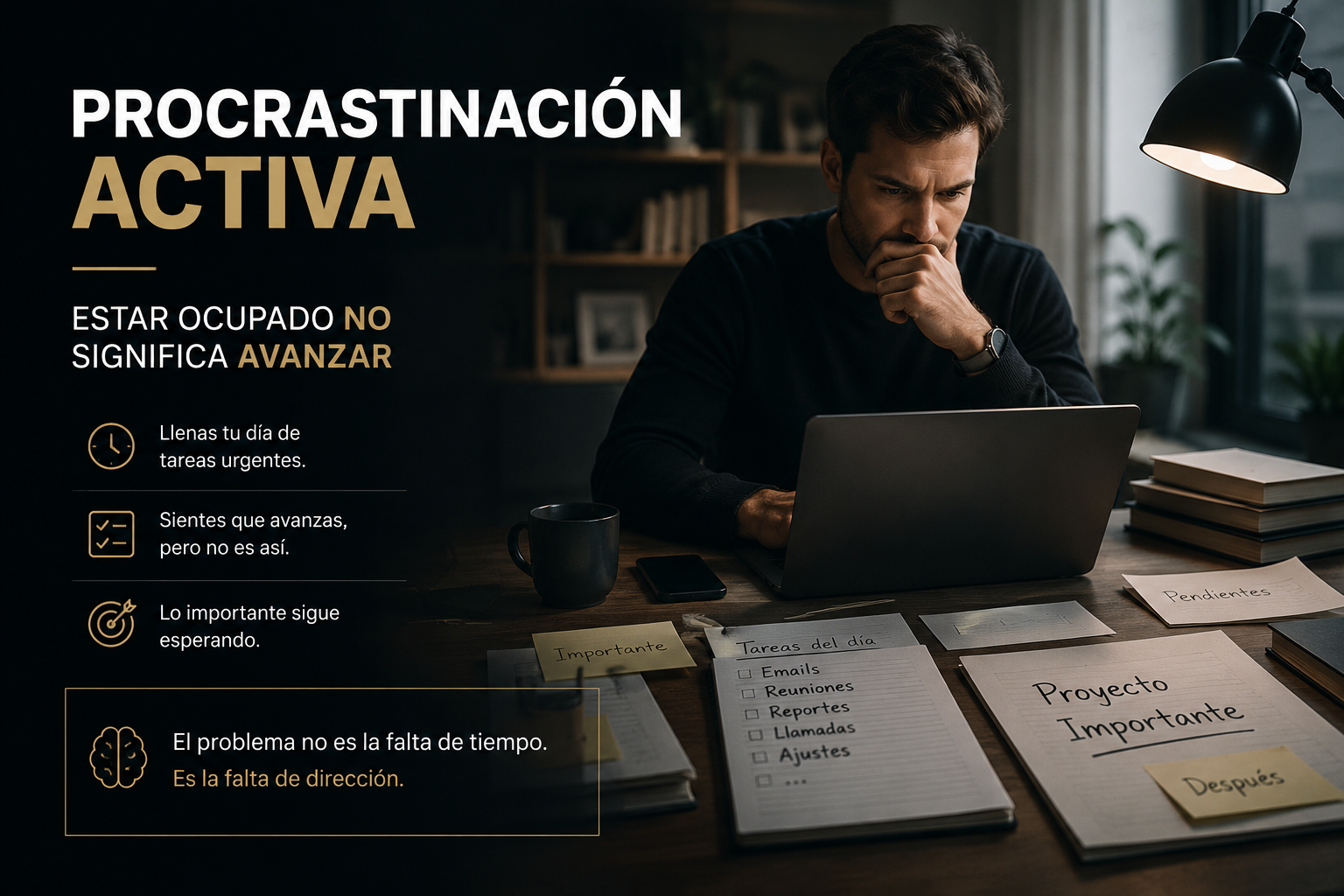 procrastinación activa y falsa productividad en entorno de trabajo moderno