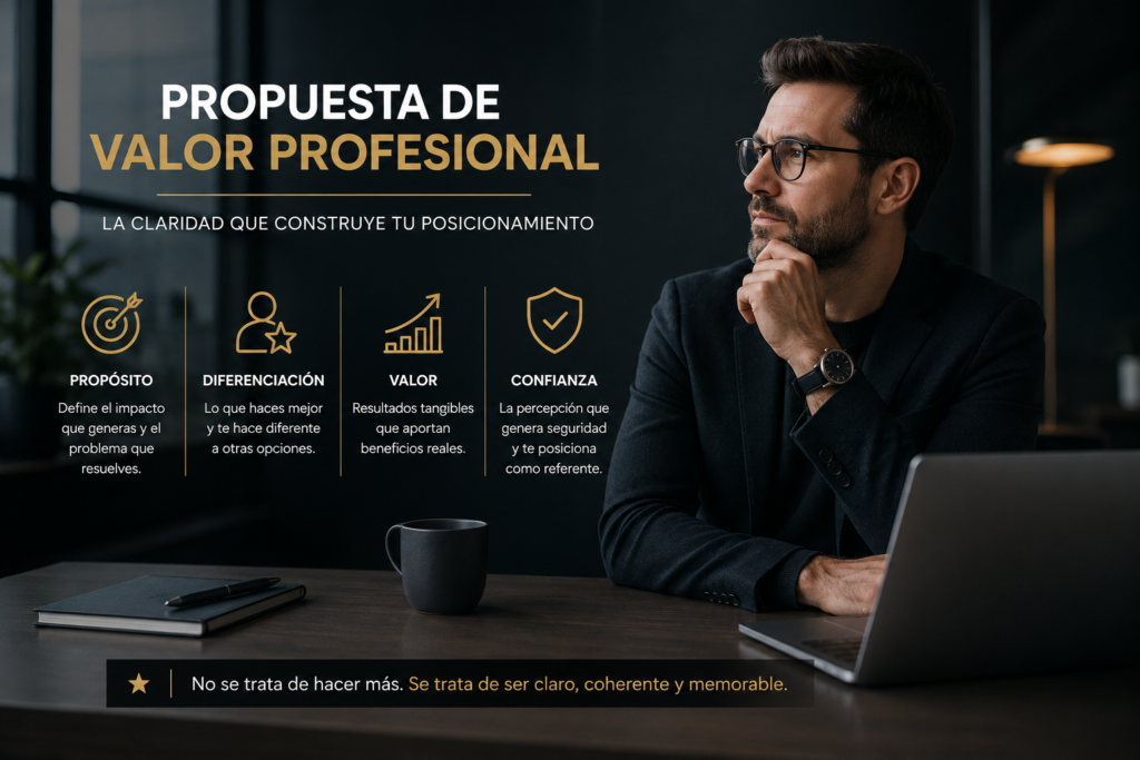 propuesta de valor profesional representada en un entorno ejecutivo elegante con estrategia y posicionamiento profesional