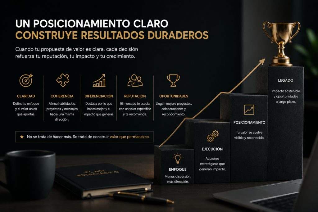 escalera de posicionamiento profesional mostrando cómo una propuesta de valor clara construye reputación y oportunidades
