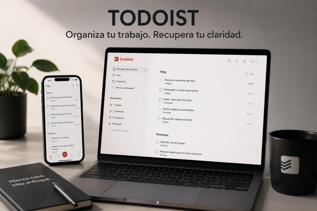 espacio de trabajo minimalista con Todoist abierto en portátil y móvil organizando tareas y proyectos