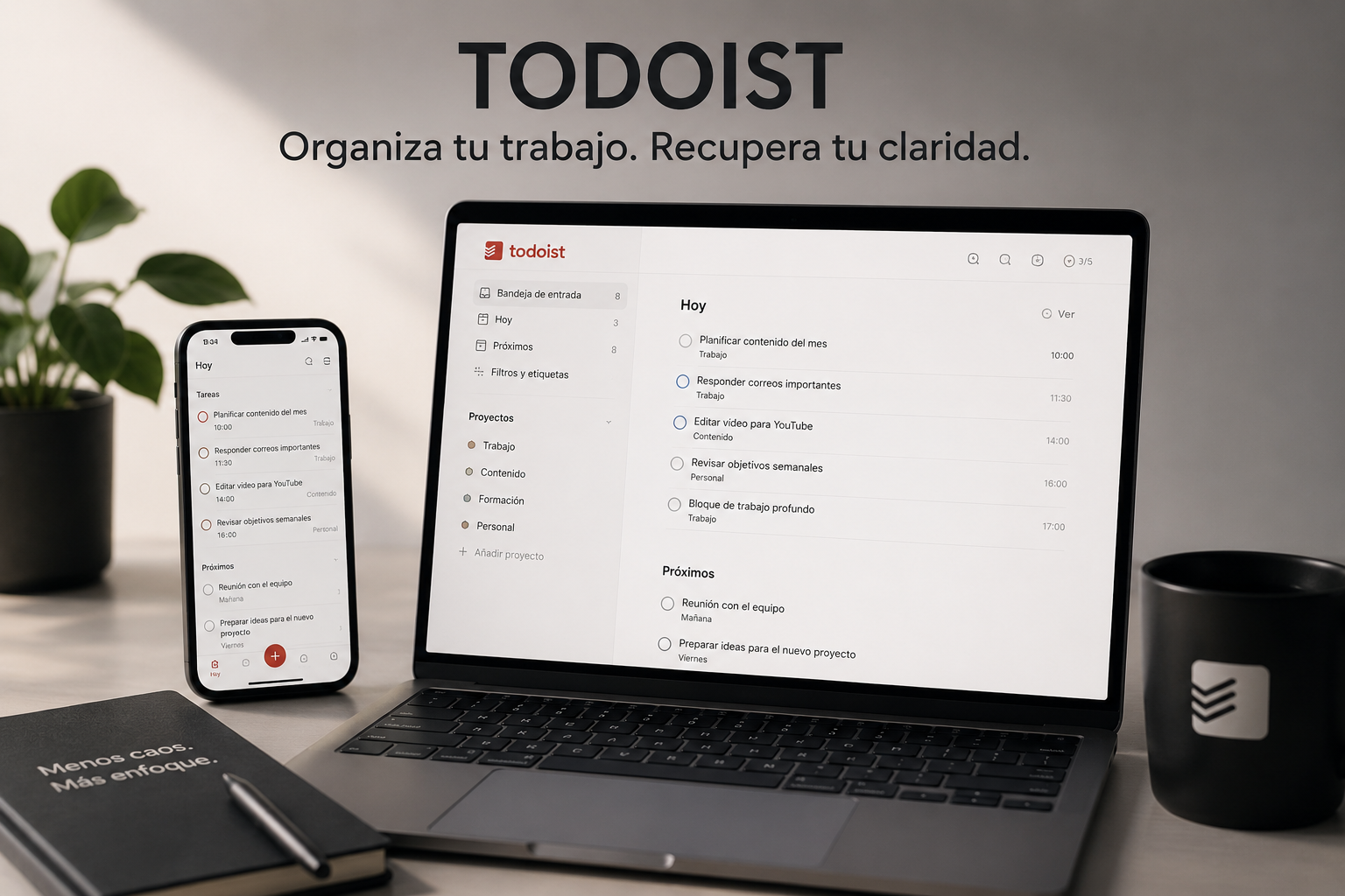 espacio de trabajo minimalista con Todoist abierto en portátil y móvil organizando tareas y proyectos