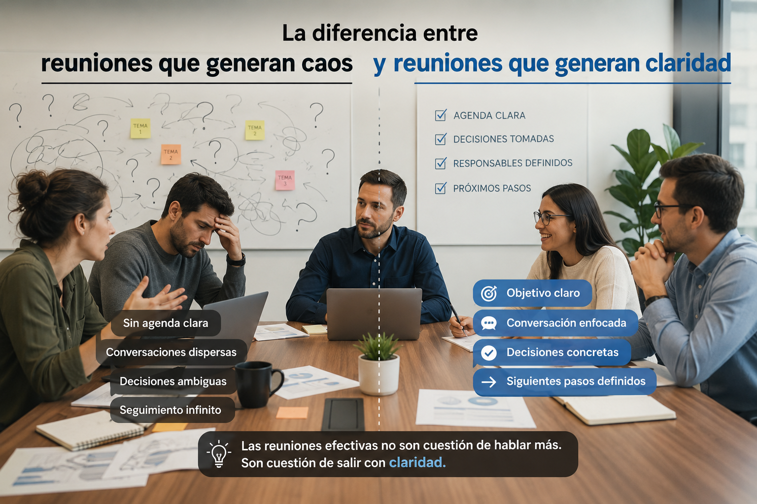 reuniones de trabajo efectivas con decisiones claras y menos trabajo reactivo