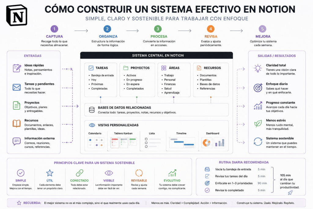 Diagrama de sistema efectivo en Notion para organizar trabajo y proyectos