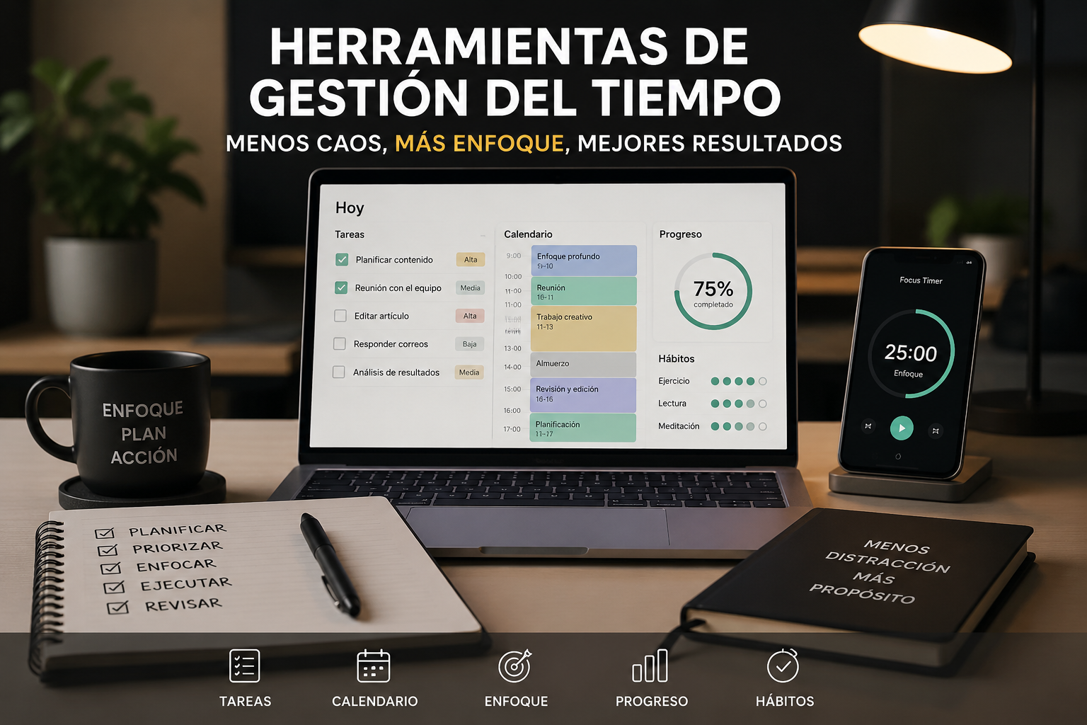 Herramientas de gestión del tiempo organizadas en un escritorio profesional con calendario, tareas y sistema de productividad
