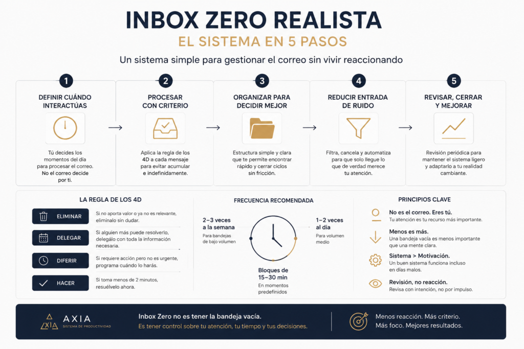 Esquema visual del sistema Inbox Zero realista para gestionar el correo sin trabajar reaccionando constantemente