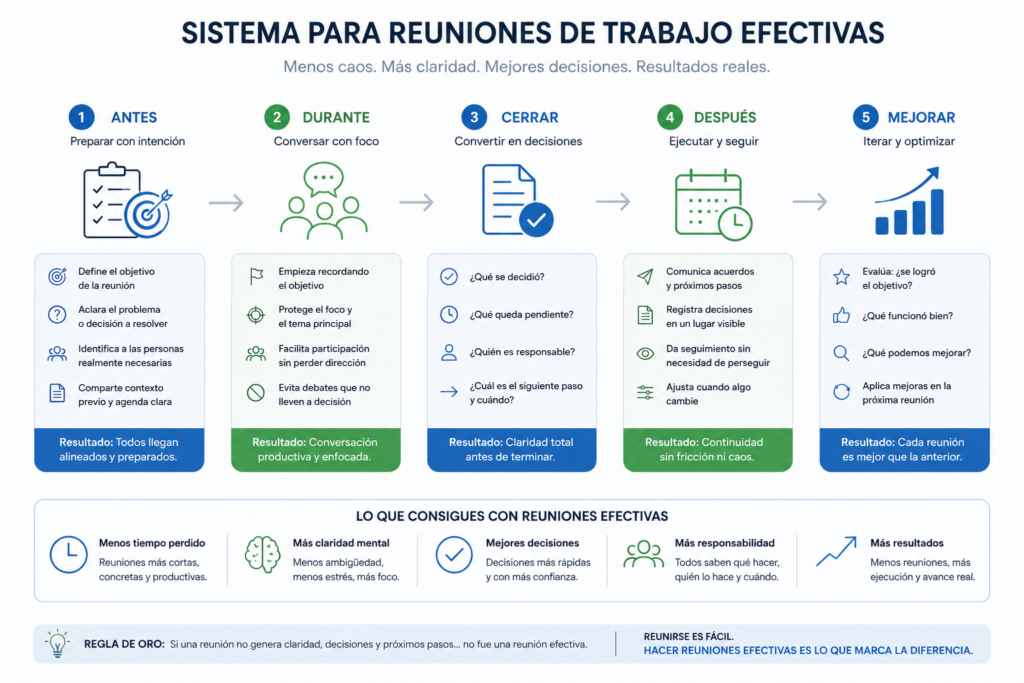 diagrama de reuniones de trabajo efectivas con decisiones claras y menos trabajo reactivo