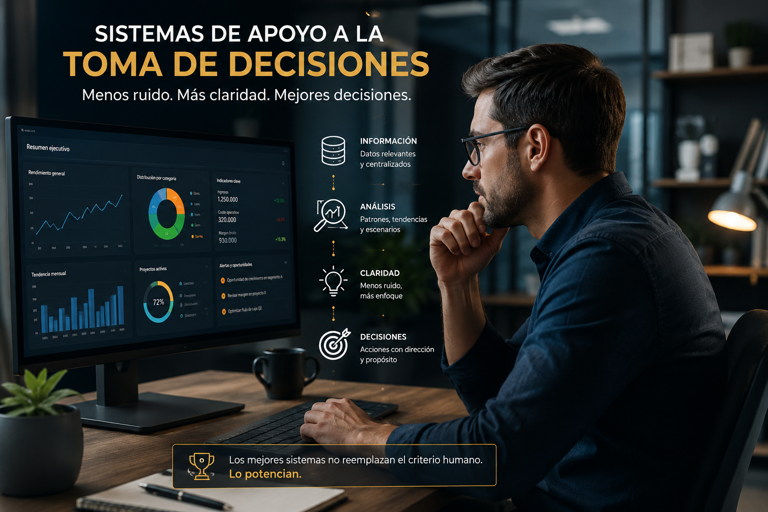 Profesional analizando sistemas de apoyo a la toma de decisiones en una empresa