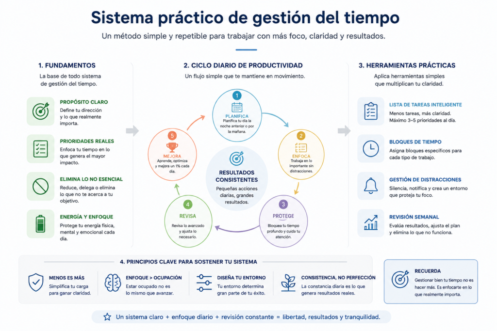 diagrama de técnicas de gestión del tiempo para mejorar productividad, foco y organización diaria