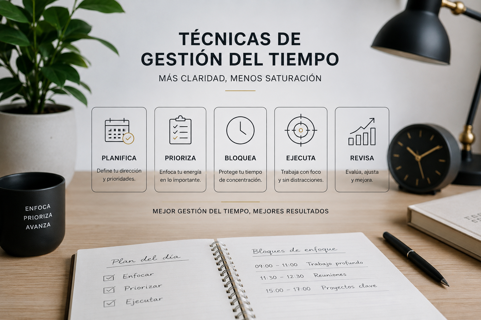 técnicas de gestión del tiempo para organizar trabajo y mejorar productividad en escritorio profesional