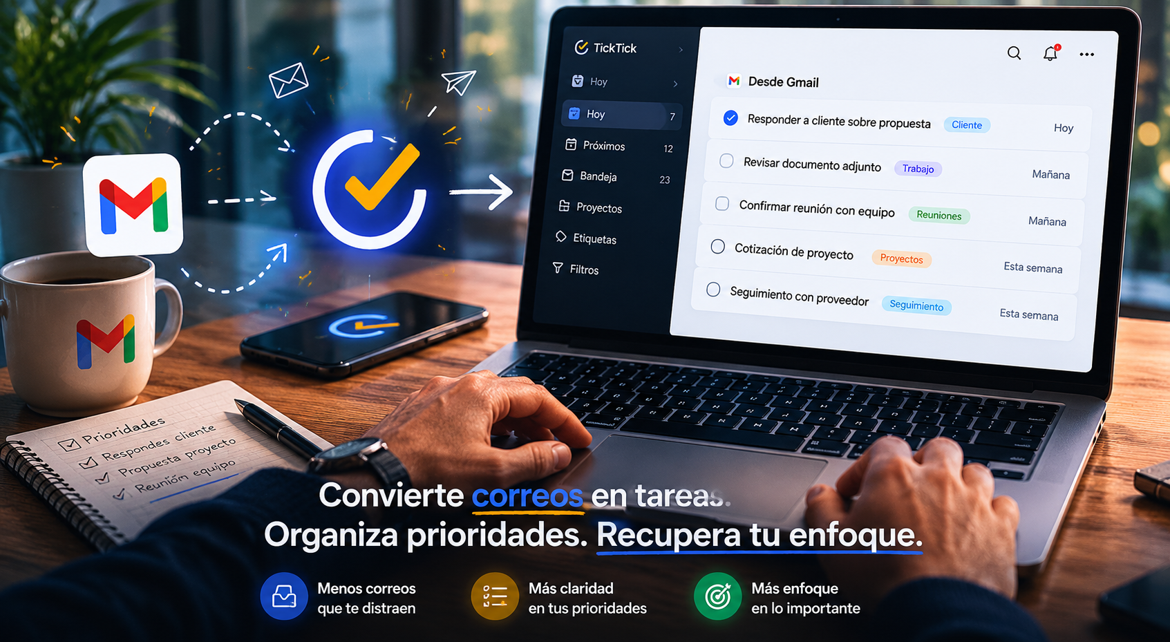 TickTick Gmail organizando correos y tareas dentro de un sistema de productividad personal