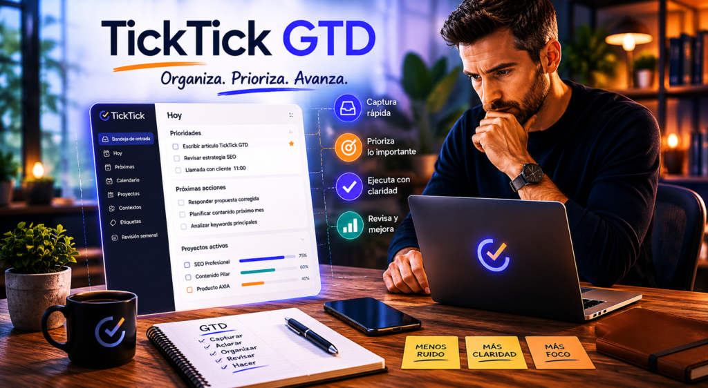 Sistema TickTick GTD organizando tareas, proyectos y próximas acciones con claridad mental