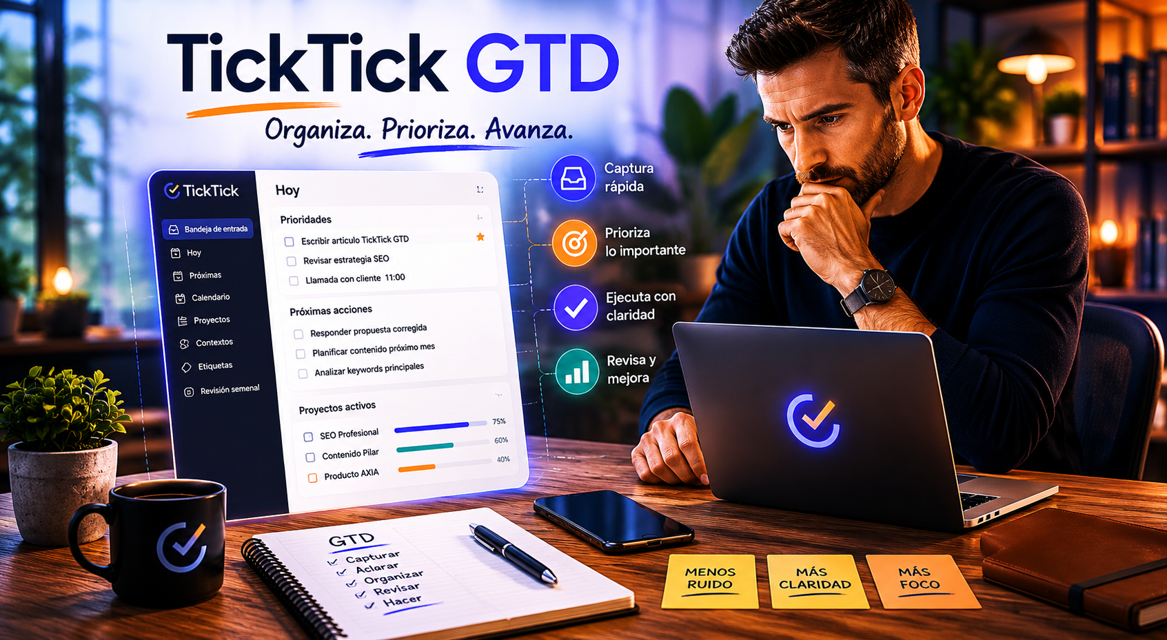 Sistema TickTick GTD organizando tareas, proyectos y próximas acciones con claridad mental