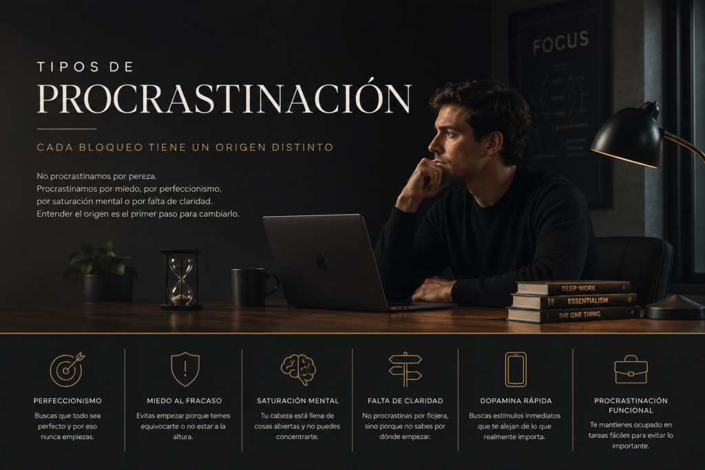 Ilustración profesional sobre los distintos tipos de procrastinación como perfeccionismo, miedo al fracaso y saturación mental