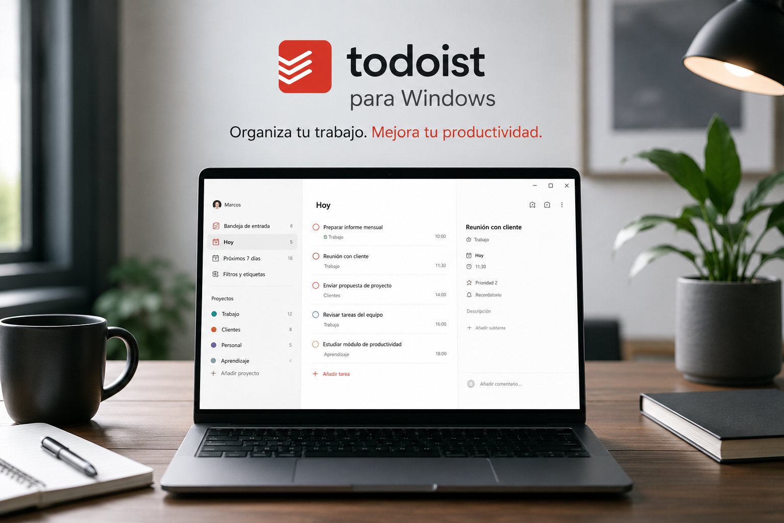 Todoist para Windows abierto en portátil profesional con espacio de trabajo minimalista y organizado