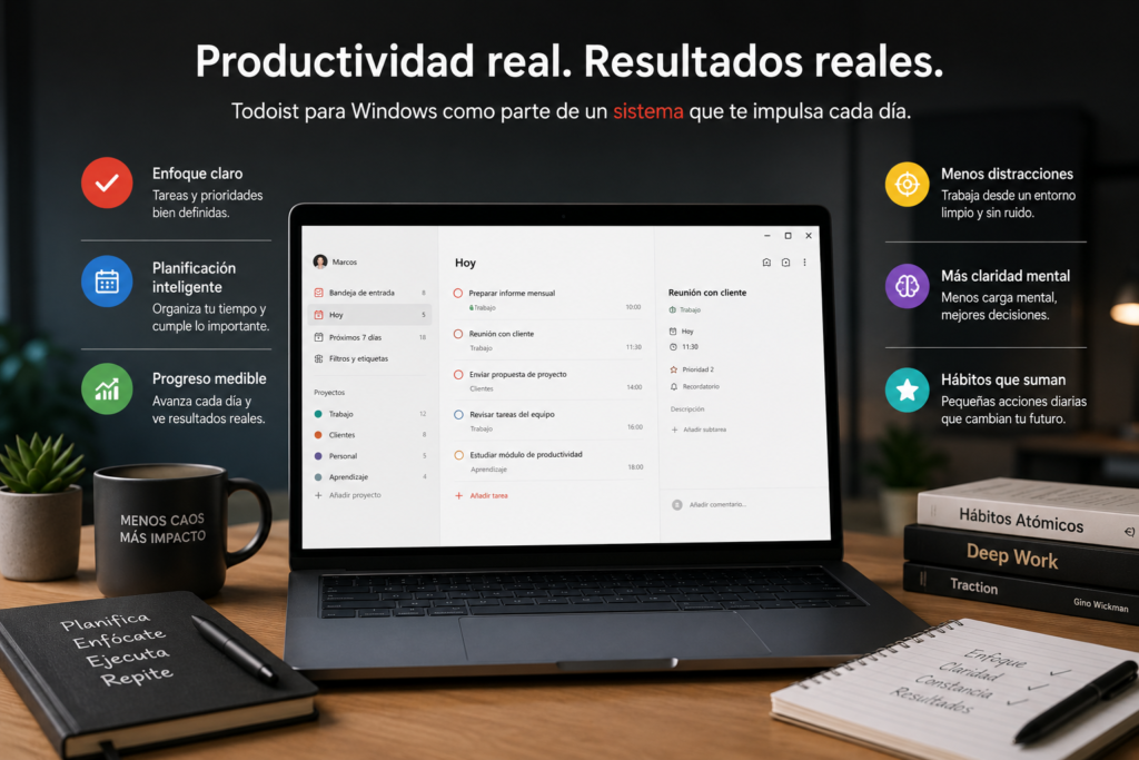 sistema de productividad con Todoist para Windows mostrando organización, foco y planificación profesional