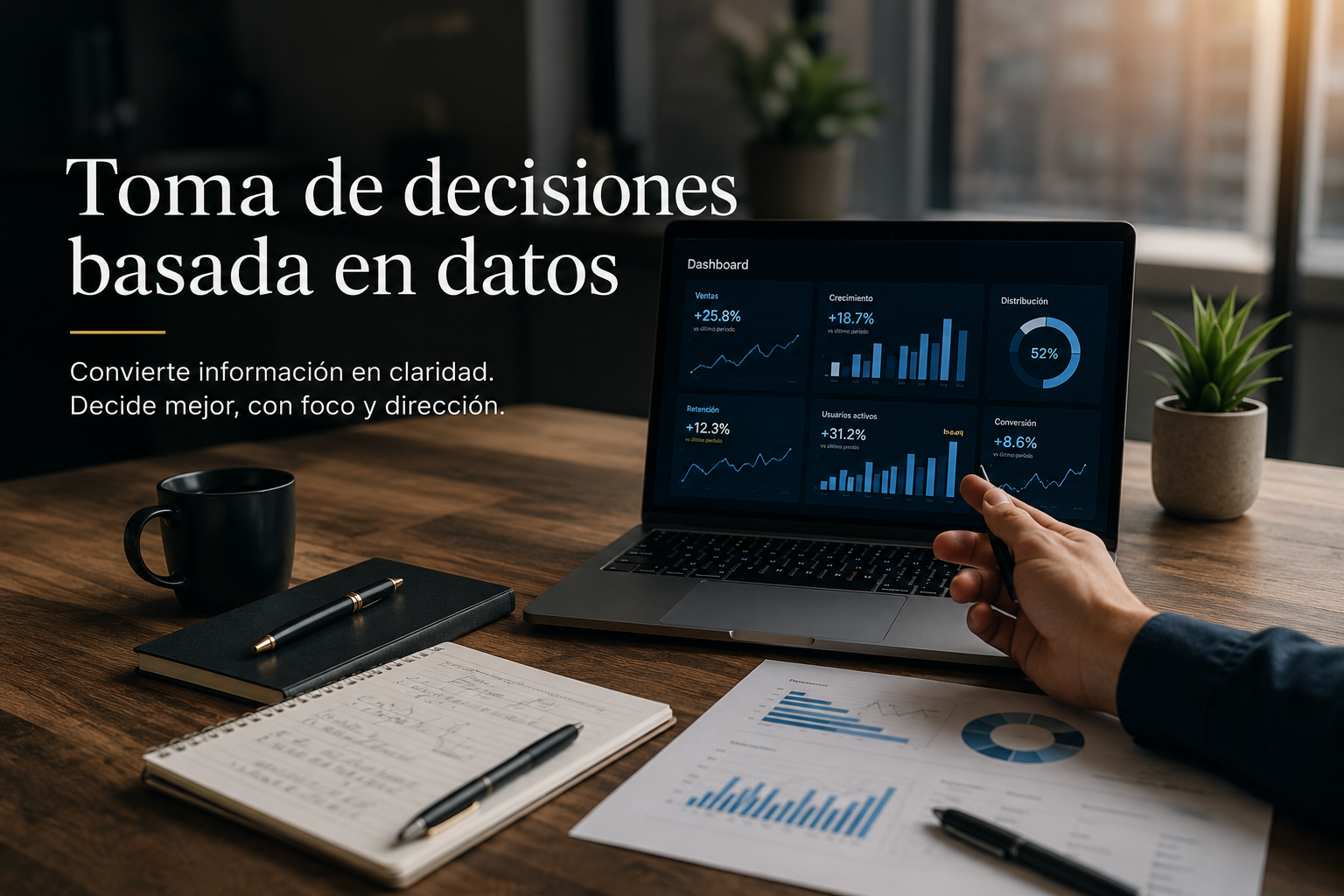 Escritorio profesional con dashboard analítico para toma de decisiones basada en datos