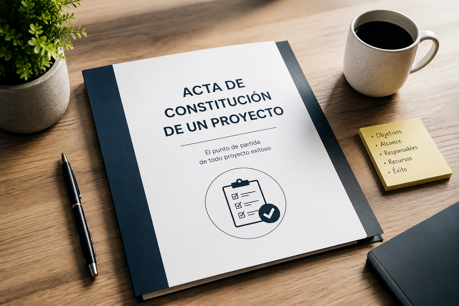 Acta de constitución de un proyecto con objetivos, alcance, responsables y recursos sobre un escritorio profesional