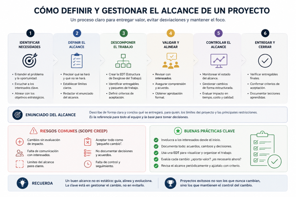 Infografía sobre el alcance de un proyecto con las fases principales, riesgos habituales y buenas prácticas para controlar cambios y garantizar los entregables.
