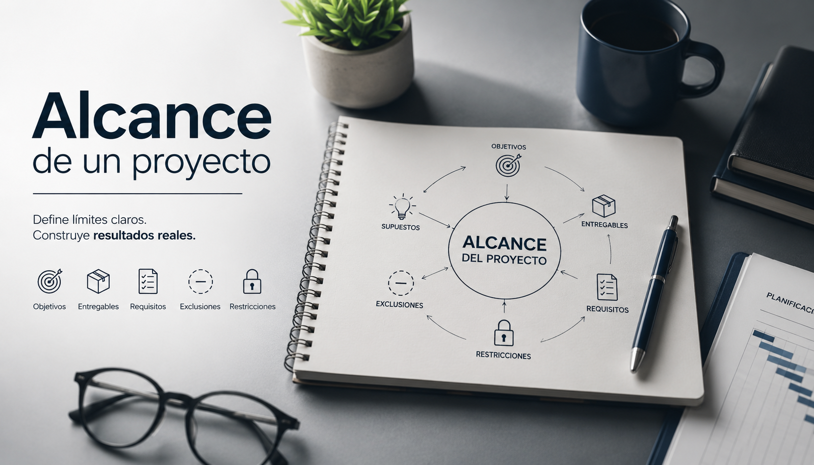 Diagrama del alcance de un proyecto con objetivos, entregables, requisitos, exclusiones y restricciones para definir correctamente el trabajo.
