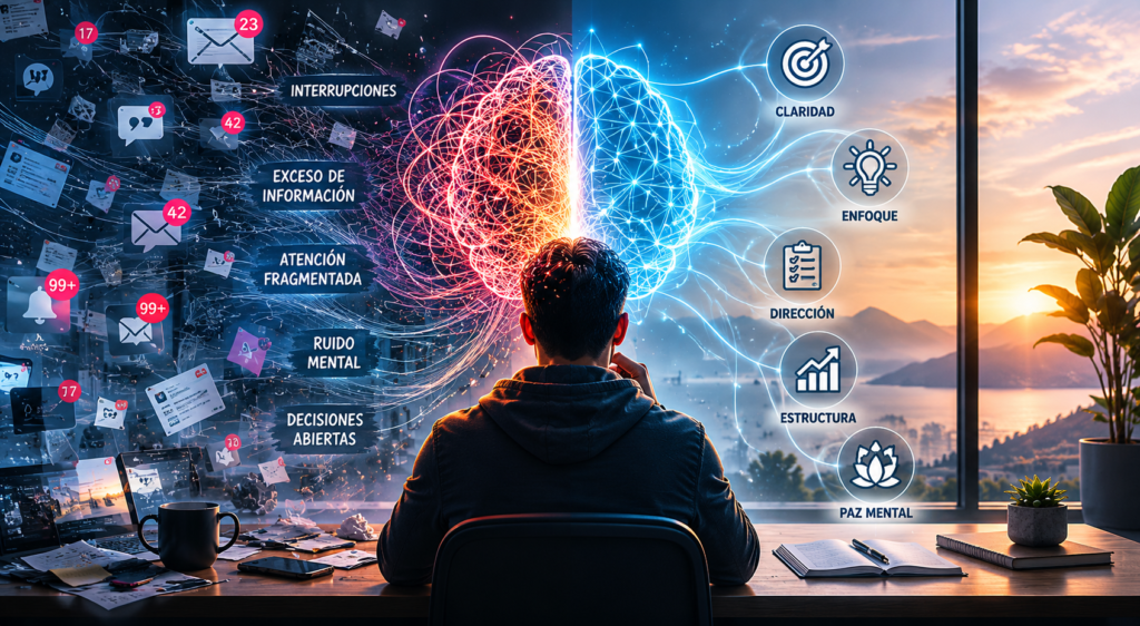 Representación visual del caos mental, la atención fragmentada y el proceso para recuperar claridad mental y enfoque con AXIA