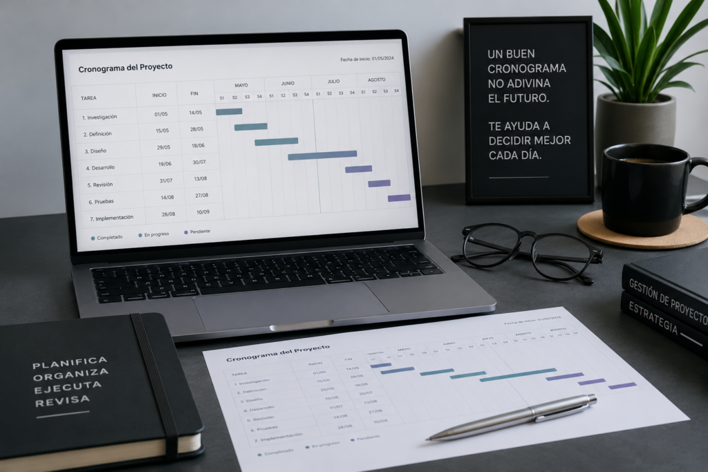 Cronograma de un proyecto con diagrama de Gantt, tareas, hitos y planificación temporal en un entorno profesional