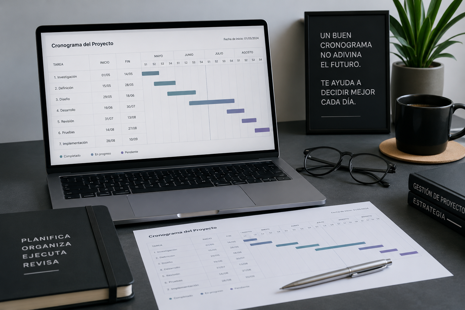 Cronograma de un proyecto con diagrama de Gantt, tareas, hitos y planificación temporal en un entorno profesional
