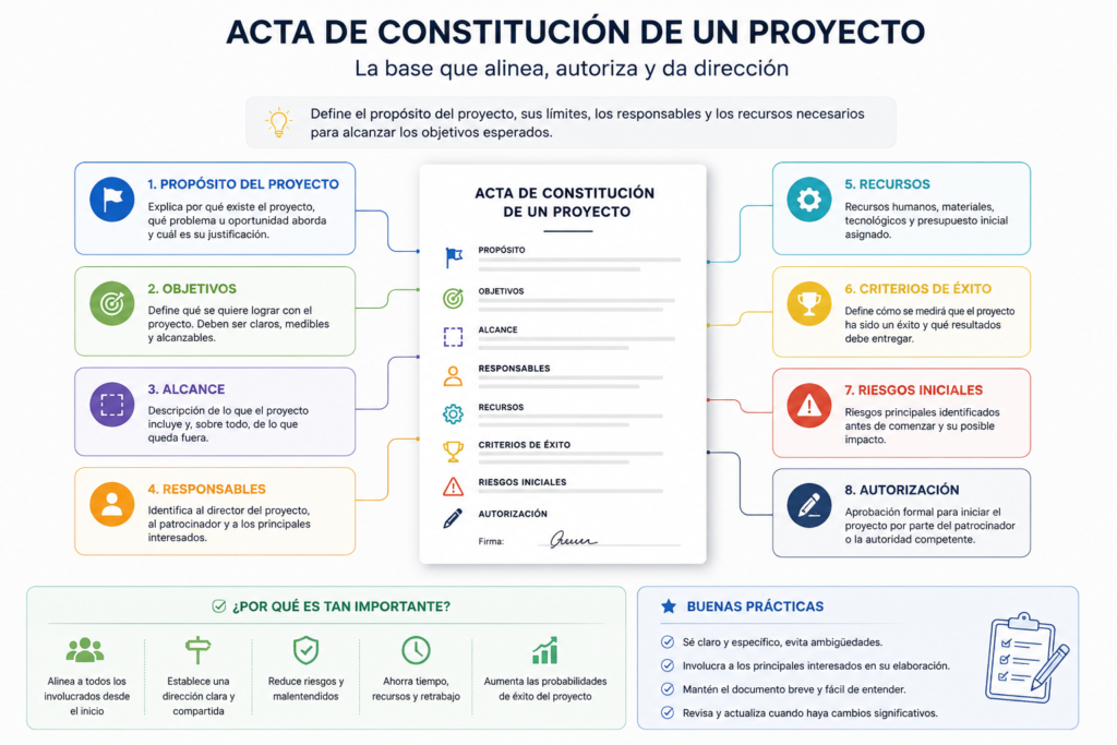 Diagrama del acta de constitución de un proyecto con sus elementos principales: objetivos, alcance, responsables, recursos y criterios de éxito