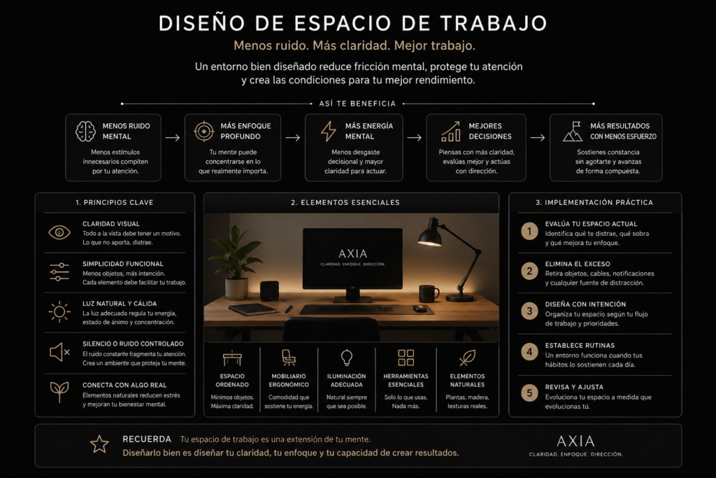 diagrama sobre diseño de espacio de trabajo y claridad mental